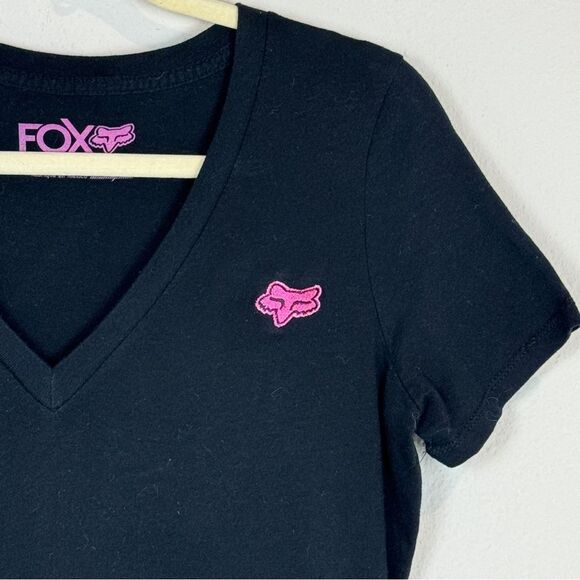 Fox T-shirt Black V-Neck Pink Logo S - Picture 2 of 7